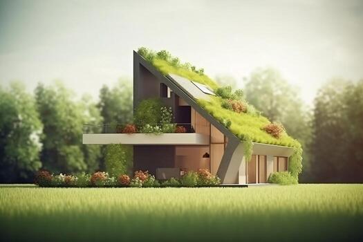 Environment friendly house with green background AI Generated photo