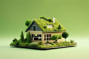 Environment friendly house with green background AI Generated photo