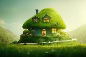 Environment friendly house with green background AI Generated photo