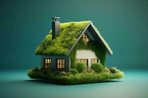 Environment friendly house with green background AI Generated photo