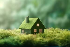 Environment friendly house with green background AI Generated photo