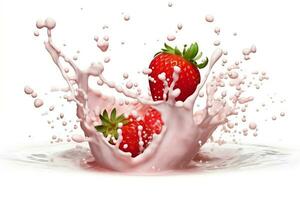 milk or yogurt splash with strawberries isolated on white background, Ai Generated photo