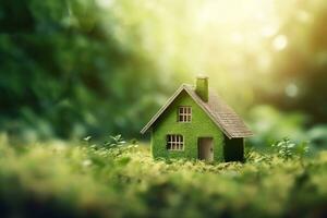 Environment friendly house with green background AI Generated photo