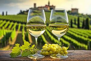 a glass of white wine, ripe grapes on the background of a vineyard. Neural network AI generated photo