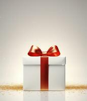 White box tied with red ribbon. Blurred background with bokeh effect. Holiday gift. AI Generative photo