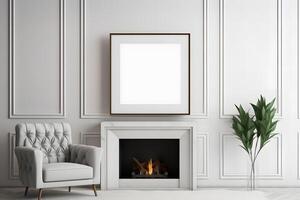 blank empty photo frame mockup in a white luxury living room with a fireplace and a sofa AI Generative Image