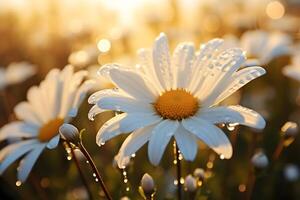 Daisies blooming in spring with dewdrops attached in the morning Ai Generative photo