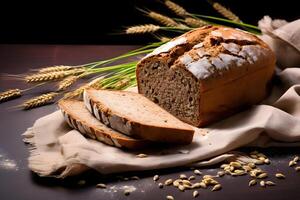 homemade wholegrain bread on wooden board closeup view ai generative image photo