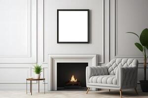 blank empty photo frame mockup in a white luxury living room with a fireplace and a sofa AI Generative Image