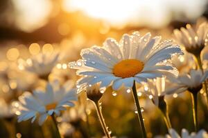 Daisies blooming in spring with dewdrops attached in the morning Ai Generative photo