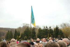 TERNOPIL, UKRAINE - APRIL 2, 2023 Many people during mission in complex of Ukrainian Jerusalem in the Mari spiritual center of Zarvanytsia In the Terebovlya district of the Ternopil photo