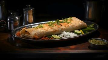 aromatic Indian food called masala dosa on a vintage steel tray in a bustling South Indian cafe Ai Generative photo