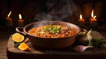 Steaming Indian food called dal makhani on a rustic clay bowl in an authentic Punjabi kitchen AI Generatve photo