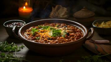 Steaming Indian food called dal makhani on a rustic clay bowl in an authentic Punjabi kitchen AI Generatve photo