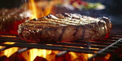 carne de vaca chuletón filete interrogatorio intenso en un llameante parrilla. generativo ai foto