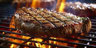 Beef ribeye steak grilling on a flaming grill. Generative AI photo