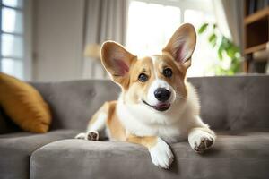 Beautiful, smart, calm purebred corgi dog lying on on sofa in living room. Generative AI photo