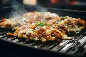 okonomiyaki en caliente plancha en casual teppanyaki comer ai generativo foto