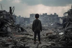 A child is standing in front of a destroyed building because of the war. AI Generative Image photo