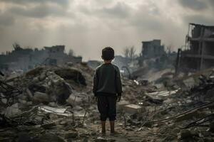A child is standing in front of a destroyed building because of the war. AI Generative Image photo