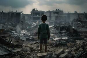 A child is standing in front of a destroyed building because of the war. AI Generative Image photo