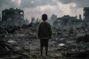 un niño es en pie en frente de un destruido edificio porque de el guerra. ai generativo imagen foto