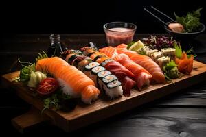 japonés comida - Sushi en de madera plato en tradicional Sushi bar ai generativo foto