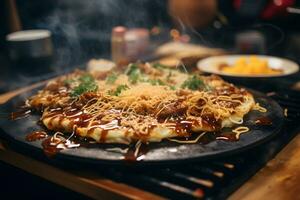 Okonomiyaki in hot griddle in casual teppanyaki eat  AI Generative photo