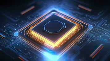 Top View of a Chip with Glowing Light and Fog in Orange and Blue. AI Generative photo