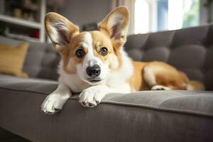 Beautiful, smart, calm purebred corgi dog lying on on sofa in living room. Generative AI photo