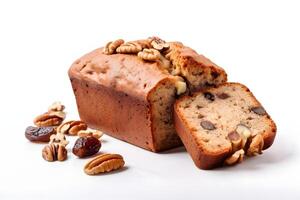 Delicious date and walnut loaf cake isolated on white AI Generative photo