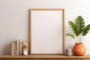 lank empty mockup wooden photo frame with interior, shelf,  vase and decorative plant AI Generative Image