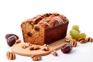 date and walnut loaf cake isolated on white close-up view AI Generative photo