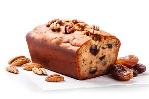 Delicious date and walnut loaf cake isolated on white AI Generative photo