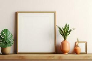 lank empty mockup wooden photo frame with interior, shelf,  vase and decorative plant AI Generative Image