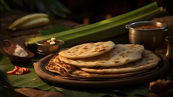 freshly baked Indian food called naan bread on a woven banana leaf in a rustic Indian kitchen with an earthy color theme AI Generative photo