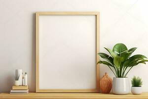 alto y delgado vacío Bosquejo de madera foto marco con interior, estante, florero y decorativo planta ai generativo imagen