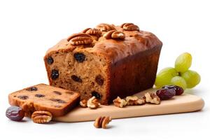 date and walnut loaf cake isolated on white close-up view AI Generative photo
