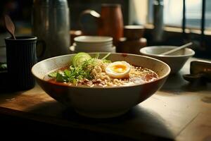 Japanese food - Ramen in traditional ceramic bowl in ramen shop kitchen Ai Generative photo