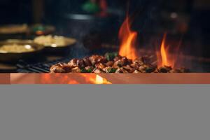 Japanese Food - Yakitori in bamboo skewers in izakaya atmosphere  AI Generative photo