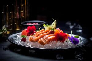 japonés comida - sashimi en elegante plato en multa comida restaurante ai generativo foto