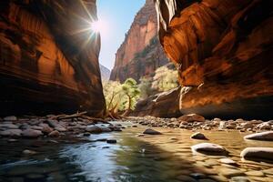 río Entre rock acantilados - Sión nacional parque en Utah en moteado luz de sol ai generativo foto