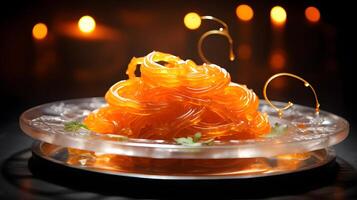 Indian food called sweet jalebi on a glistening glass platter in a festive Indian market with a vibrant color theme AI Generative photo