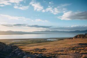 Beautiful lake view against the backdrop of sand mountains  - Great Salt Lake in Utah in early morning AI Generative photo