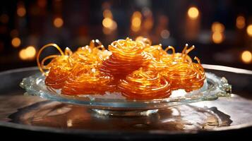 Indian food called sweet jalebi on a glistening glass platter in a festive Indian market with a vibrant color theme AI Generative photo