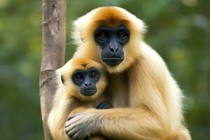 Close image of Cheeked Gibbon monkey mother with a child in the forest. Generative AI photo