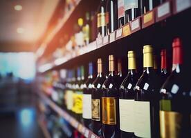resumen difuminar vino botellas en espíritu alcohol estantería en supermercado Tienda antecedentes. generativo ai foto