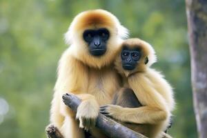 Close image of Cheeked Gibbon monkey mother with a child in the forest. Generative AI photo