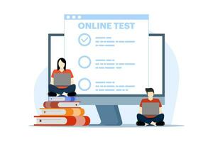 Exam concept with characters, online test and checking answers, exam, test, quiz, Character Filling Survey Form, Examination Mark on Checklist, vector flat illustration on white background.