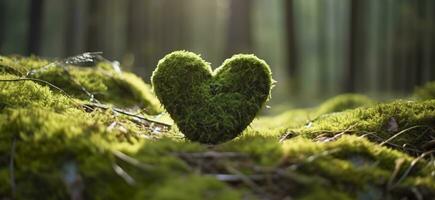 de cerca de de madera corazón en musgo. natural entierro tumba en el bosque. generativo ai foto